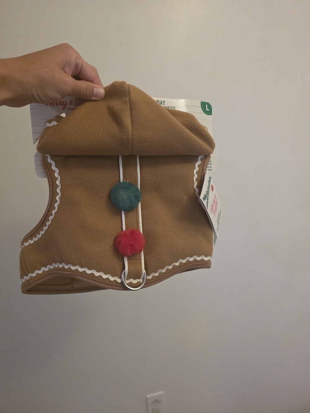 Tan Dog Hoodie Harness with Decorative Pom-Poms